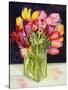 Tulips and Bluebells in a Rectangular Glass Tub, 2001-Joan Thewsey-Stretched Canvas