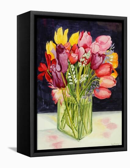 Tulips and Bluebells in a Rectangular Glass Tub, 2001-Joan Thewsey-Framed Stretched Canvas