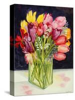 Tulips and Bluebells in a Rectangular Glass Tub, 2001-Joan Thewsey-Stretched Canvas