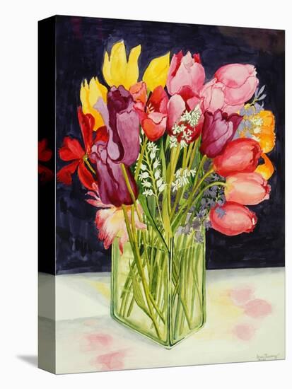 Tulips and Bluebells in a Rectangular Glass Tub, 2001-Joan Thewsey-Stretched Canvas