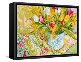Tulips and Daffodils with Patterned Textiles, 2000-Joan Thewsey-Framed Stretched Canvas