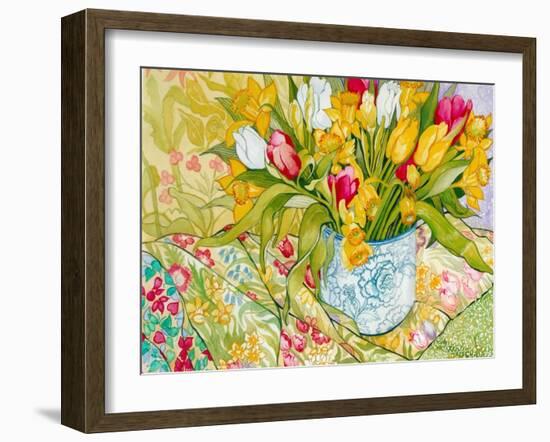 Tulips and Daffodils with Patterned Textiles, 2000-Joan Thewsey-Framed Giclee Print