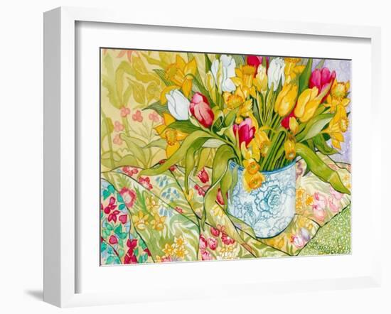 Tulips and Daffodils with Patterned Textiles, 2000-Joan Thewsey-Framed Giclee Print