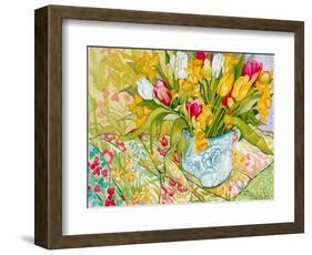 Tulips and Daffodils with Patterned Textiles, 2000-Joan Thewsey-Framed Giclee Print