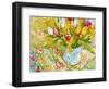 Tulips and Daffodils with Patterned Textiles, 2000-Joan Thewsey-Framed Giclee Print