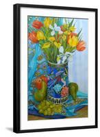 Tulips and Iris in a Japanese Vase, with Fruit and Textiles-Joan Thewsey-Framed Giclee Print