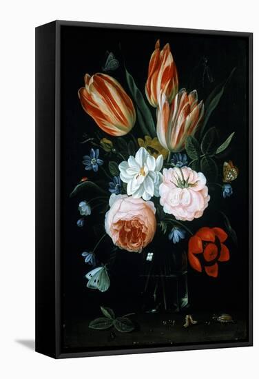 Tulips and Roses in a Glass Vase-Jan van Kessel-Framed Stretched Canvas