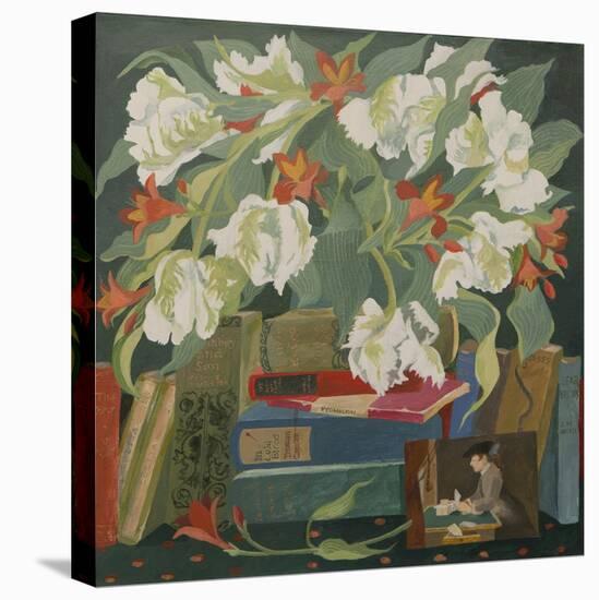Tulips, books and postcards-Jennifer Abbott-Stretched Canvas