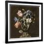 Tulips, Daffodils, Irises and Other Flowers in a Glass Vase on a Sculpted Stand, with a Butterfly-Juan de Arellano-Framed Giclee Print