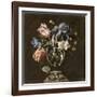 Tulips, Daffodils, Irises and Other Flowers in a Glass Vase on a Sculpted Stand, with a Butterfly-Juan de Arellano-Framed Giclee Print