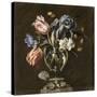 Tulips, Daffodils, Irises and Other Flowers in a Glass Vase on a Sculpted Stand, with a Butterfly-Juan de Arellano-Stretched Canvas