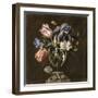 Tulips, Daffodils, Irises and Other Flowers in a Glass Vase on a Sculpted Stand, with a Butterfly-Juan de Arellano-Framed Giclee Print