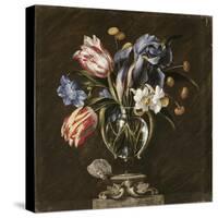 Tulips, Daffodils, Irises and Other Flowers in a Glass Vase on a Sculpted Stand, with a Butterfly-Juan de Arellano-Stretched Canvas