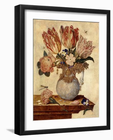 Tulips, Forget-Me-Nots, Peonies and Other Flowers in a Vase on a Ledge-Jan Baptist van Fornenburgh-Framed Giclee Print