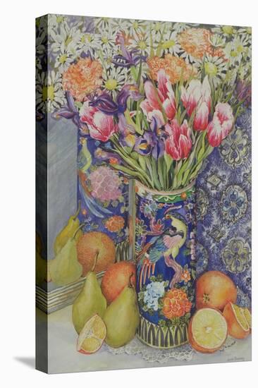 Tulips in a Japanese Vase with Fruit-Joan Thewsey-Stretched Canvas