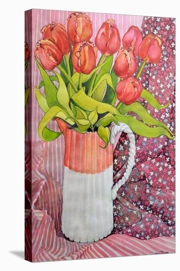 Tulips in a Pink and White Jug, 2005-Joan Thewsey-Stretched Canvas