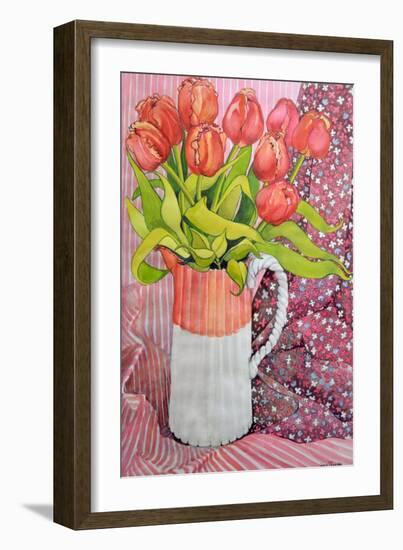 Tulips in a Pink and White Jug, 2005-Joan Thewsey-Framed Giclee Print