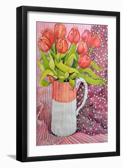 Tulips in a Pink and White Jug, 2005-Joan Thewsey-Framed Giclee Print