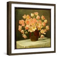 Tulips in a Vase on a Draped Table, 1915 (Oil on Canvas)-Peter Johan Schou-Framed Giclee Print