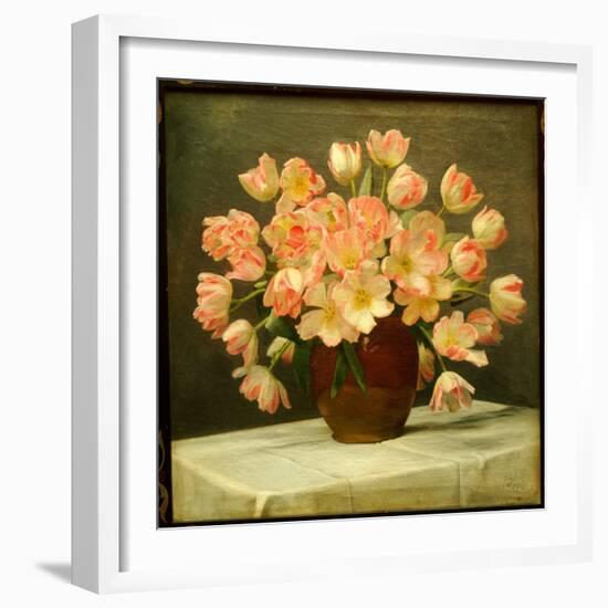 Tulips in a Vase on a Draped Table, 1915 (Oil on Canvas)-Peter Johan Schou-Framed Giclee Print