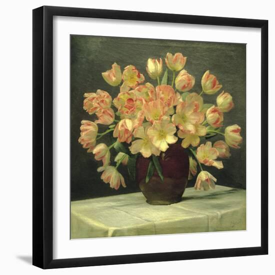 Tulips in a Vase on a Draped Table (detail)-Peter Johan Schou-Framed Giclee Print