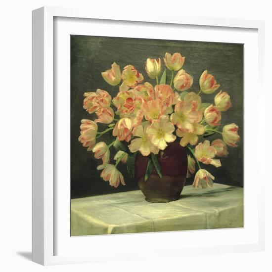 Tulips in a Vase on a Draped Table (detail)-Peter Johan Schou-Framed Giclee Print