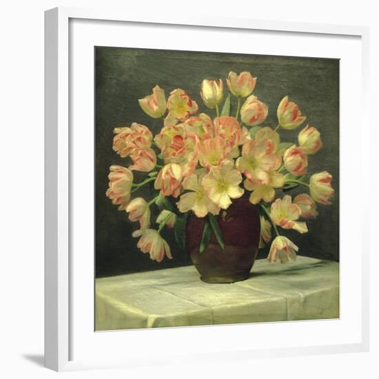 Tulips in a Vase on a Draped Table (detail)-Peter Johan Schou-Framed Giclee Print