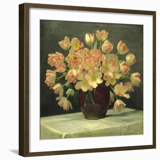 Tulips in a Vase on a Draped Table (detail)-Peter Johan Schou-Framed Giclee Print