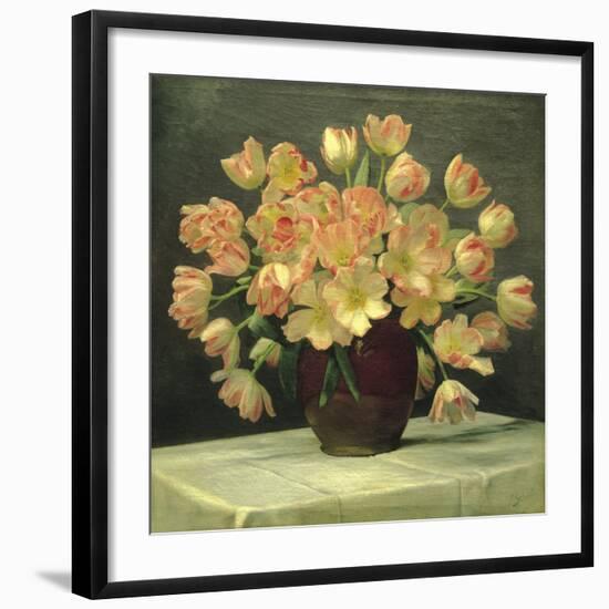 Tulips in a Vase on a Draped Table (detail)-Peter Johan Schou-Framed Giclee Print