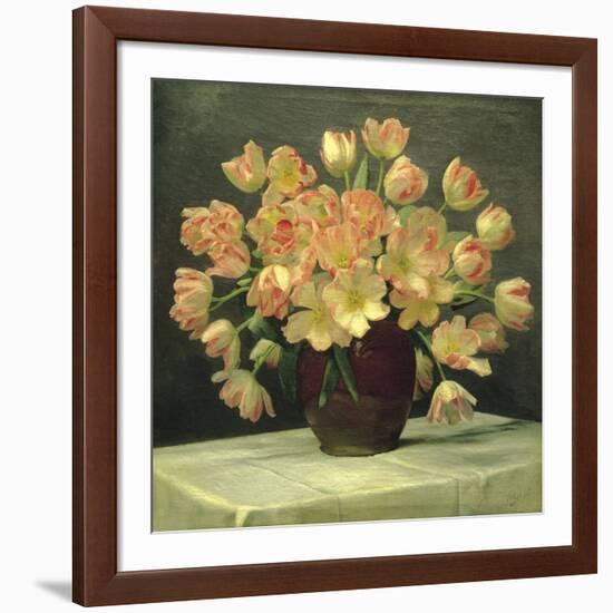 Tulips in a Vase on a Draped Table (detail)-Peter Johan Schou-Framed Giclee Print