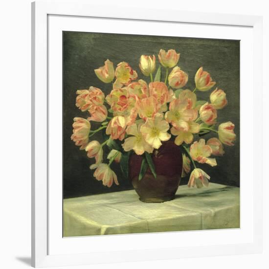 Tulips in a Vase on a Draped Table (detail)-Peter Johan Schou-Framed Giclee Print