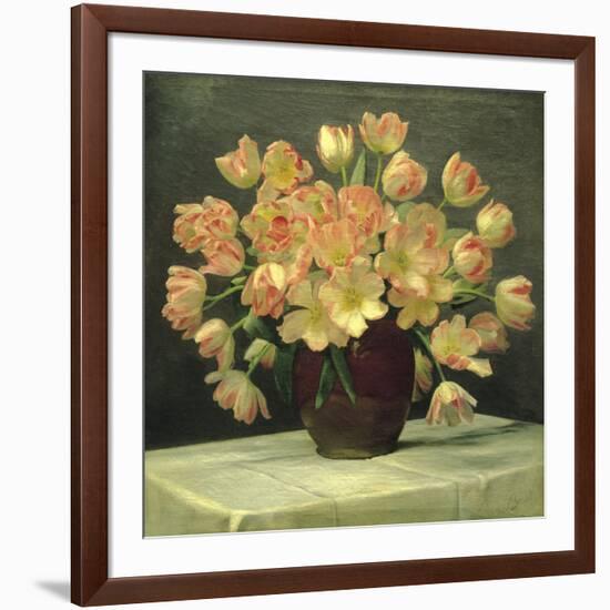 Tulips in a Vase on a Draped Table (detail)-Peter Johan Schou-Framed Giclee Print