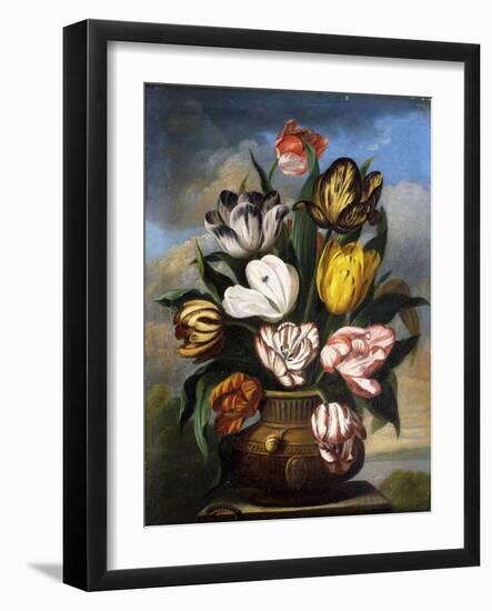 Tulips in a Vase, with a Caterpillar, a Snail, and a Fly, on a Plinth in a Landscape-James Sillett-Framed Giclee Print