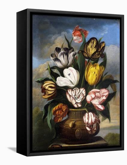 Tulips in a Vase, with a Caterpillar, a Snail, and a Fly, on a Plinth in a Landscape-James Sillett-Framed Stretched Canvas