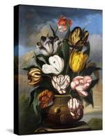 Tulips in a Vase, with a Caterpillar, a Snail, and a Fly, on a Plinth in a Landscape-James Sillett-Stretched Canvas