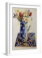 Tulips, Iris and Narcissus in a Blue Enamel Jug with an Italian Tile-Joan Thewsey-Framed Giclee Print