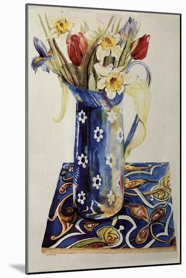 Tulips, Iris and Narcissus in a Blue Enamel Jug with an Italian Tile-Joan Thewsey-Mounted Giclee Print