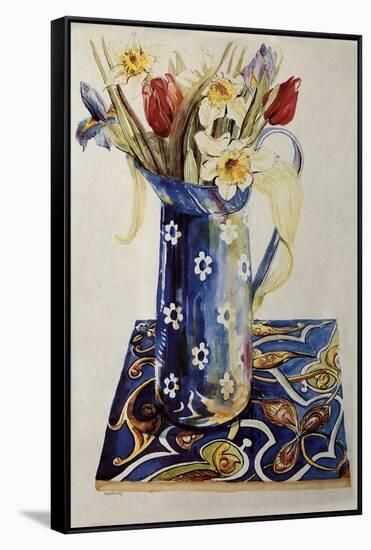 Tulips, Iris and Narcissus in a Blue Enamel Jug with an Italian Tile-Joan Thewsey-Framed Stretched Canvas