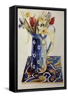 Tulips, Iris and Narcissus in a Blue Enamel Jug with an Italian Tile-Joan Thewsey-Framed Stretched Canvas