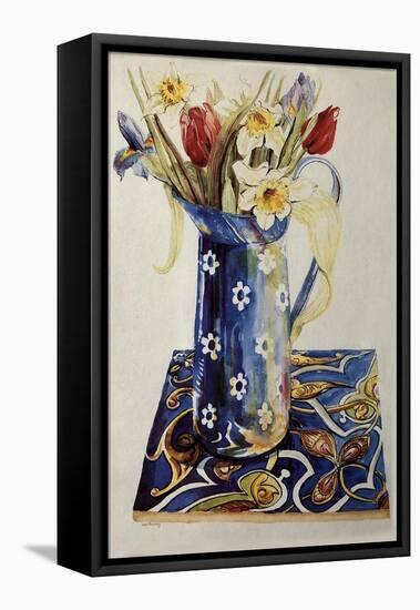 Tulips, Iris and Narcissus in a Blue Enamel Jug with an Italian Tile-Joan Thewsey-Framed Stretched Canvas