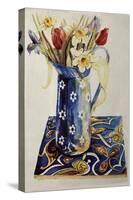 Tulips, Iris and Narcissus in a Blue Enamel Jug with an Italian Tile-Joan Thewsey-Stretched Canvas