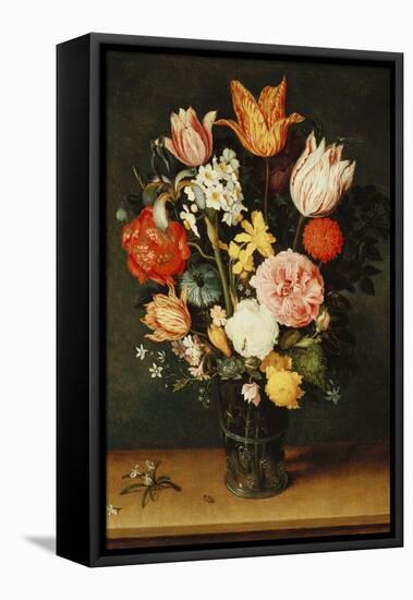 Tulips, Roses and Other Flowers in a Glass Vase-Hendrik Avercamp-Framed Stretched Canvas