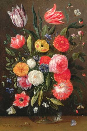 Tulips, Roses, Anemones in a Glass Vase with Butterflies and a Caterpillar'  Giclee Print - Jan Van, The Elder Kessel | AllPosters.com