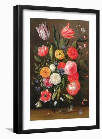 Tulips, Roses, Anemones in a Glass Vase with Butterflies and a Caterpillar-Jan van, the Elder Kessel-Framed Giclee Print