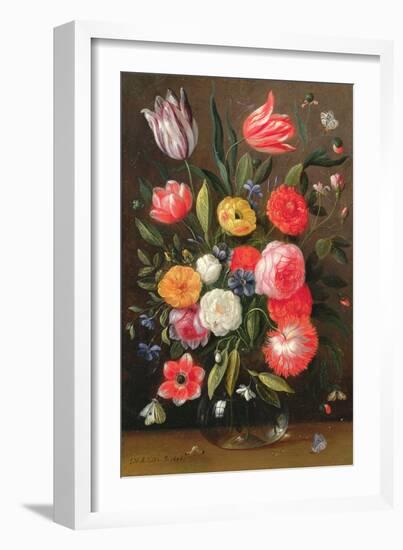 Tulips, Roses, Anemones in a Glass Vase with Butterflies and a Caterpillar-Jan van, the Elder Kessel-Framed Giclee Print