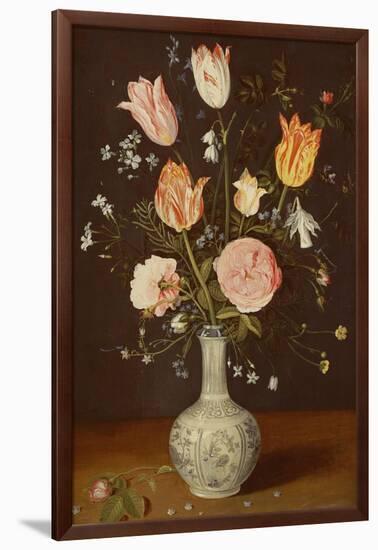 Tulips, Roses, Forget-Me-Nots and Other Flowers in a Late Ming Blue and White Vase-Jan Brueghel the Elder-Framed Giclee Print