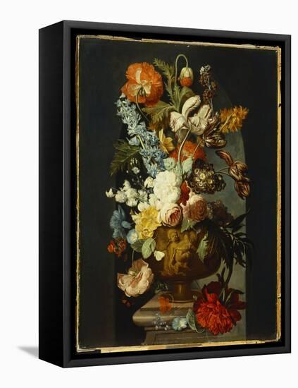 Tulips, Roses, Hyacinth, Auricula and Flowers in a Sculpted Urn on a Stone Pedestal in a Niche-Jan van Huysum-Framed Stretched Canvas