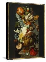 Tulips, Roses, Hyacinth, Auricula and Flowers in a Sculpted Urn on a Stone Pedestal in a Niche-Jan van Huysum-Stretched Canvas