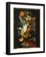 Tulips, Roses, Hyacinth, Auricula and Flowers in a Sculpted Urn on a Stone Pedestal in a Niche-Jan van Huysum-Framed Giclee Print