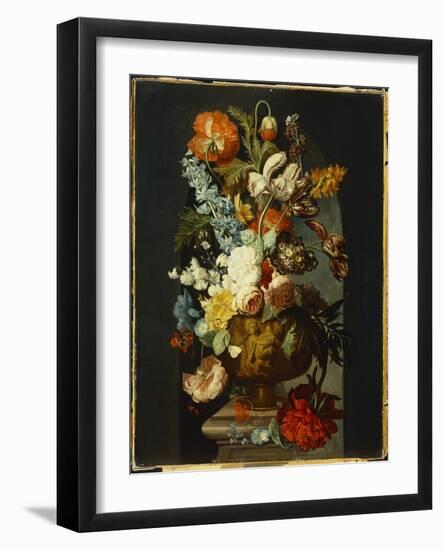 Tulips, Roses, Hyacinth, Auricula and Flowers in a Sculpted Urn on a Stone Pedestal in a Niche-Jan van Huysum-Framed Giclee Print